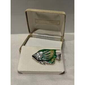 Jennifer Moore Brooch - Tropical Fish Design Silver & Green Color Original Box